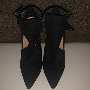Black velvet ankle strap pointed heel